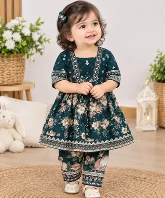 2 Pcs Girl's Khaddar Printed Frock And Trouser Set