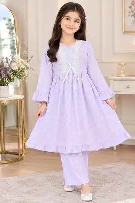 2 Pcs Girl's Cotton Printed Frock And Trouser Set