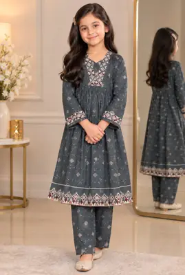 2 Pcs Girl's Khaddar Printed Frock And Trouser Set