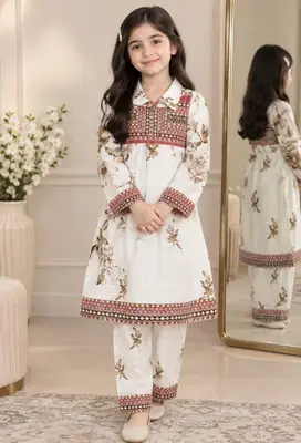 2 Pcs Girl's Khaddar Printed Frock And Trouser Set