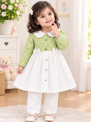2 Pcs Girl's Cotton Printed Shirt And Trouser Suit