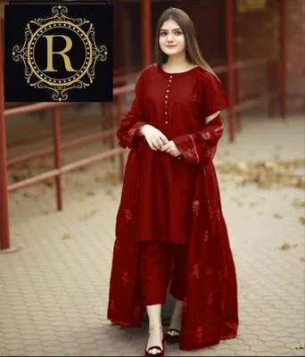 Maroon Katan Silk 3 Pcs Gown Suit with Embroidery