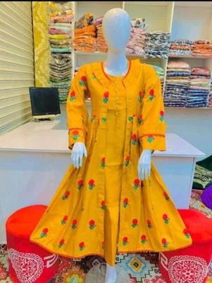 Women's Stitched 3 Pcs Gown Suit in Embroidered Katan Silk - Yellow