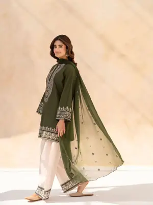 3 Pcs Women's Stitched Cotton Embroidered Suit thumbnail 3