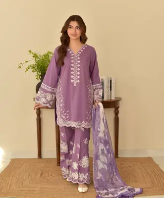3 Pcs Women's Stitched Cotton Lawn Embroidered Suit