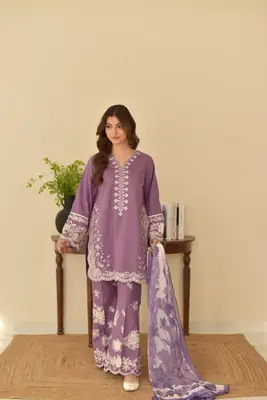 3 Pcs Women's Stitched Cotton Lawn Embroidered Suit thumbnail 2