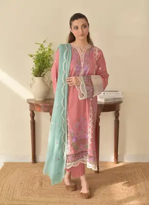 3 Pcs Women's Stitched Cotton Lawn Embroidered Suit thumbnail 2