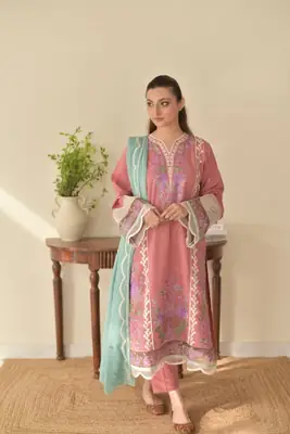 3 Pcs Women's Stitched Cotton Lawn Embroidered Suit thumbnail 3
