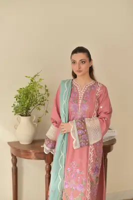 3 Pcs Women's Stitched Cotton Lawn Embroidered Suit thumbnail 4