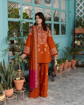 Rust Royal 3 Pcs Women's Stitched Linen Embroidered Suit