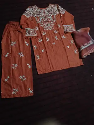 Rust Royal 3 Pcs Women's Stitched Linen Embroidered Suit thumbnail 7