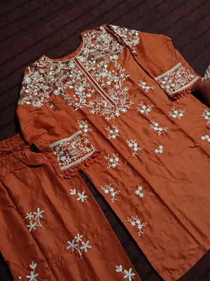 Rust Royal 3 Pcs Women's Stitched Linen Embroidered Suit thumbnail 8