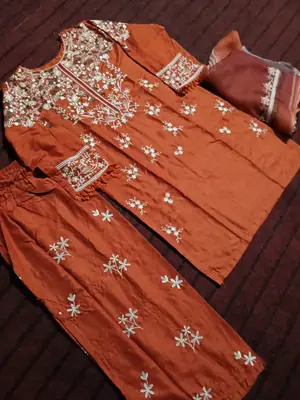 Rust Royal 3 Pcs Women's Stitched Linen Embroidered Suit thumbnail 9