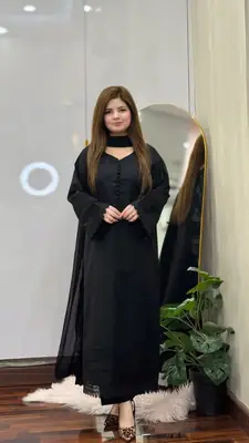 black long lace 3 Pcs Women's Stitched Linen Lace Work Suit
