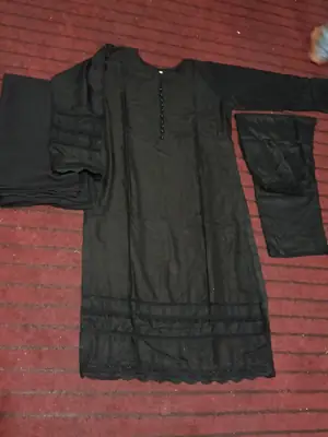 black long lace 3 Pcs Women's Stitched Linen Lace Work Suit thumbnail 6