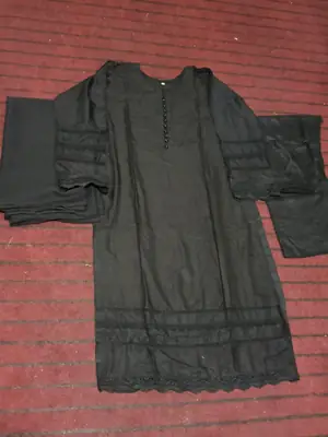 black long lace 3 Pcs Women's Stitched Linen Lace Work Suit thumbnail 7