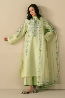 Pastel 3 Pcs Women's Stitched Linen Embroidered Suit
