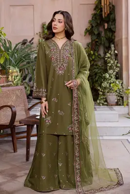 Zarkish olive 3 Pcs Women's Stitched Linen Embroidered Suit
