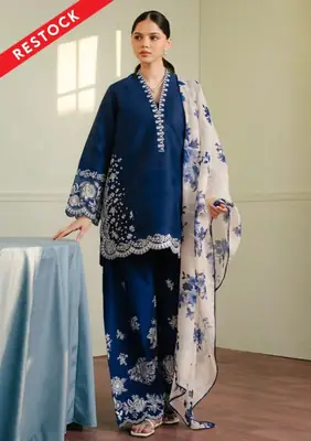 Blue Froast 3 Pcs Women's Stitched Linen Embroidered Suit