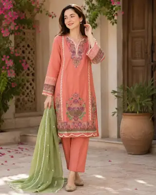 Pink valentina 3 Pcs Women's Stitched Linen Embroidered Suit