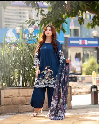 Navy Blue 3 Pcs Women's Stitched Linen Embroidered Suit