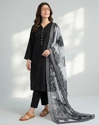 Sofia Black 3 Pcs Women's Stitched Cotton Plain Suit