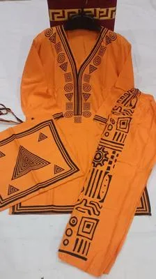 Orange Printed Linen 3Pc Women Set with Bag thumbnail 2