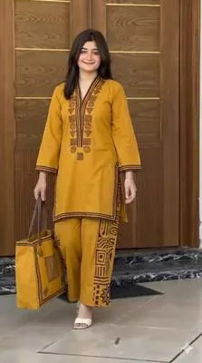 Women Linen Printed Shirt Trouser Set Mustard with Bag thumbnail 4