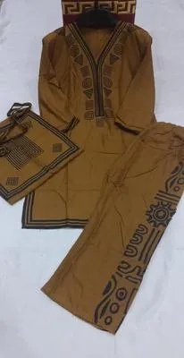 Brown Printed Linen 3Pc Set with Bag thumbnail 4
