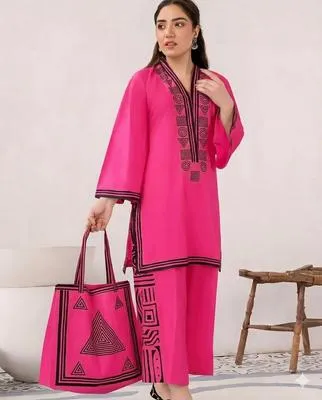 Pink Linen Printed 3Pc Set with Bag thumbnail 3