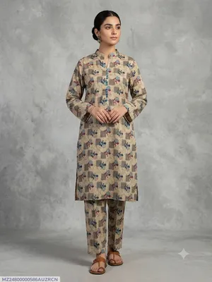 2 Pcs Women's Stitched Cotton Printed Shirt And Trouser