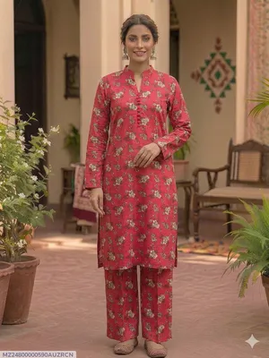 2 Pcs Women's Stitched Cotton Printed Shirt And Trouser