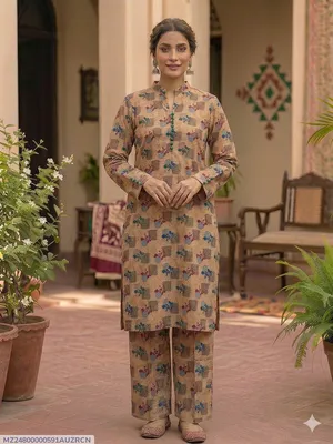 2 Pcs Women's Stitched Cotton Printed Shirt And Trouser thumbnail 1