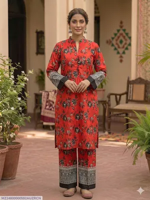 2 Pcs Women's Stitched Cotton Printed Shirt And Trouser