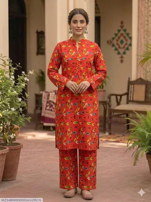 2 Pcs Women's Stitched Cotton Printed Shirt And Trouser