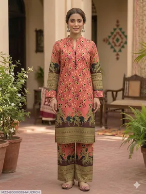 2 Pcs Women's Stitched Cotton Printed Shirt And Trouser
