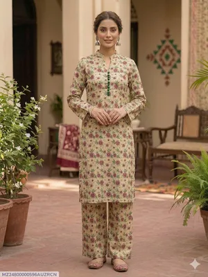 2 Pcs Women's Stitched Cotton Printed Shirt And Trouser