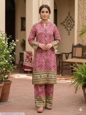 2 Pcs Women's Stitched Cotton Printed Shirt And Trouser