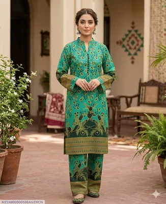 2 Pcs Women's Stitched Cotton Printed Shirt And Trouser