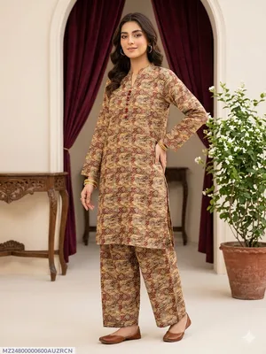 2 Pcs Women's Stitched Cotton Printed Shirt And Trouser