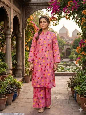 2 Pcs Women's Stitched Cotton Printed Shirt And Trouser