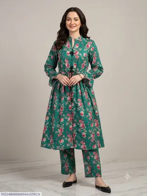 2 Pcs Women's Stitched poly Cotton Printed Frock And Trouser