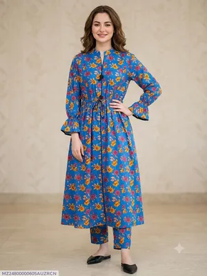 2 Pcs Women's Stitched poly Cotton Printed Frock And Trouser