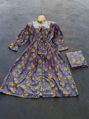 2 Pcs Women's Stitched poly Cotton Printed Frock And Trouser thumbnail 2