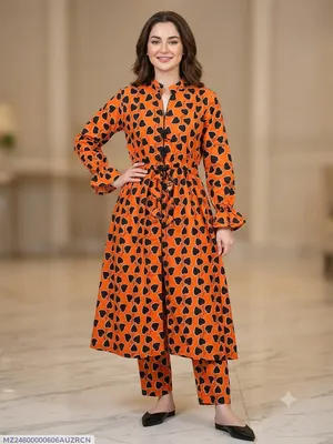 2 Pcs Women's Stitched poly Cotton Printed Frock And Trouser