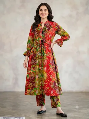 2 Pcs Women's Stitched poly Cotton Printed Frock And Trouser