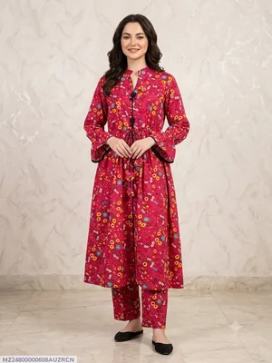 2 Pcs Women's Stitched poly Cotton Printed Frock And Trouser