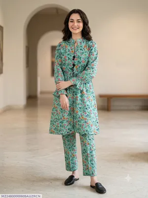 2 Pcs Women's Stitched poly Cotton Printed Frock And Trouser
