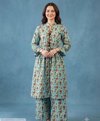 2 Pcs Women's Stitched poly Cotton Printed Frock And Trouser