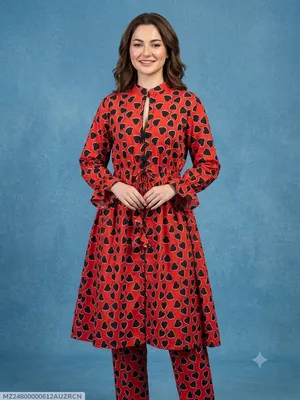 2 Pcs Women's Stitched poly Cotton Printed Frock And Trouser